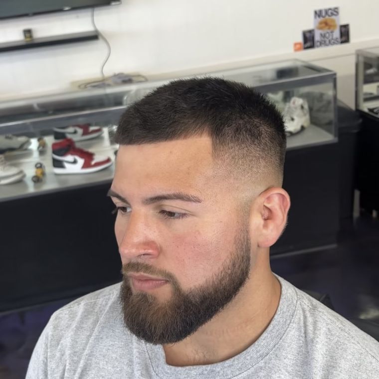 Skin fade with full beard trim and crisp lineup, San Marcos TX barber